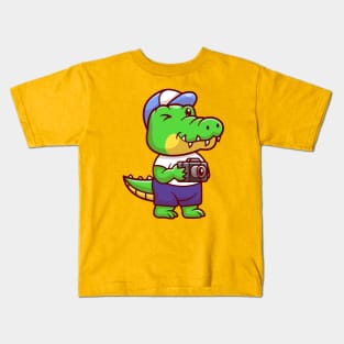 Cute Crocodile Photographer Holding Camera Cartoon Kids T-Shirt